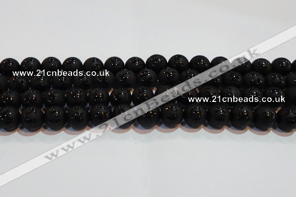 CAG6004 15.5 inches 12mm carved round matte black agate beads