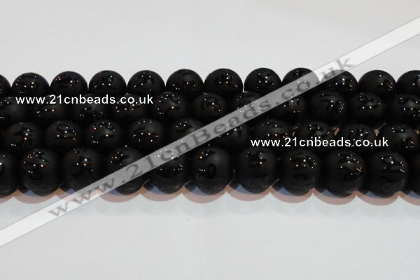 CAG6006 15.5 inches 16mm carved round matte black agate beads