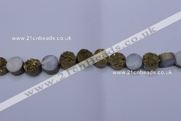 CAG7931 7.5 inches 12mm flat round plated white druzy agate beads