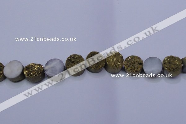 CAG7932 7.5 inches 14mm flat round plated white druzy agate beads