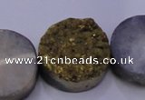 CAG7937 7.5 inches 24mm flat round plated white druzy agate beads