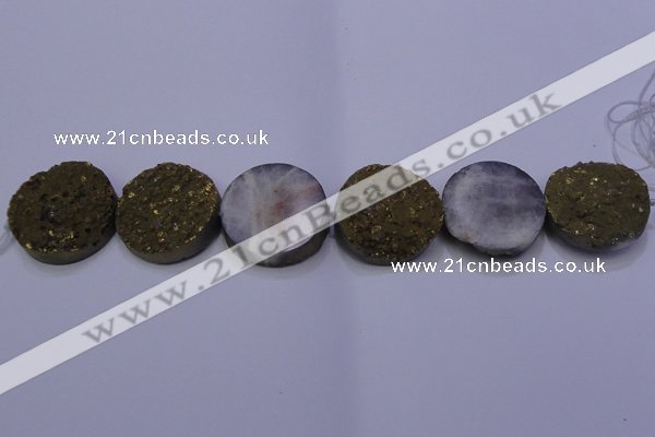 CAG7940 7.5 inches 30mm flat round plated white druzy agate beads