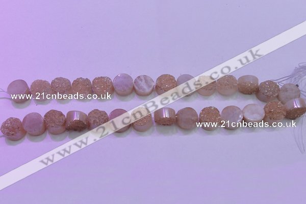CAG8351 7.5 inches 14mm coin champagne plated druzy agate beads