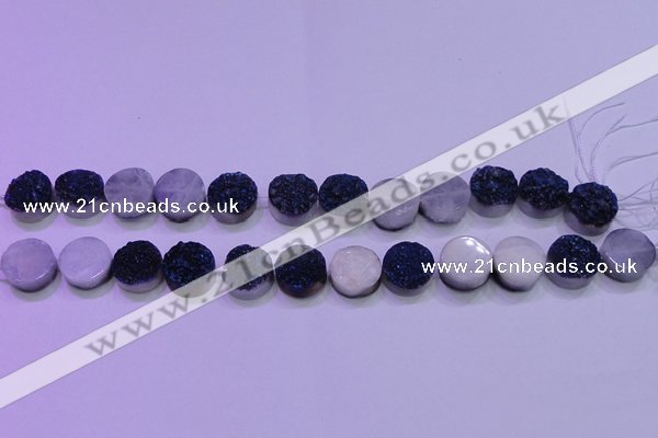 CAG8366 7.5 inches 16mm coin blue plated druzy agate beads