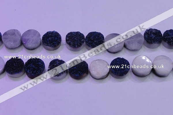 CAG8396 7.5 inches 25mm coin blue plated druzy agate beads