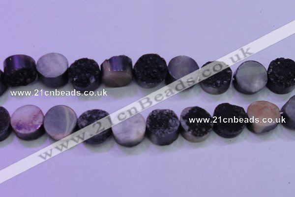 CAG8397 7.5 inches 25mm coin black plated druzy agate beads