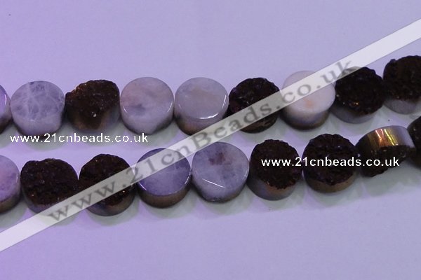 CAG8405 7.5 inches 30mm coin purple plated druzy agate beads