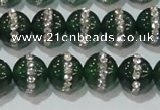 CAG8621 15.5 inches 10mm round green agate with rhinestone beads