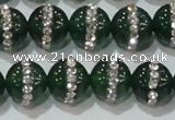 CAG8622 15.5 inches 12mm round green agate with rhinestone beads