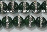 CAG8623 15.5 inches 14mm round green agate with rhinestone beads