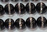 CAG8631 15.5 inches 10mm round black agate with rhinestone beads