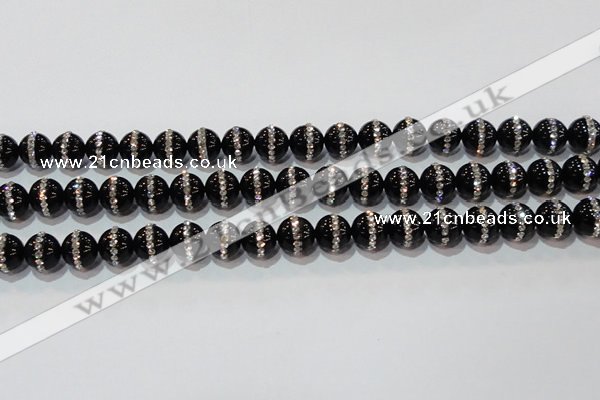 CAG8631 15.5 inches 10mm round black agate with rhinestone beads