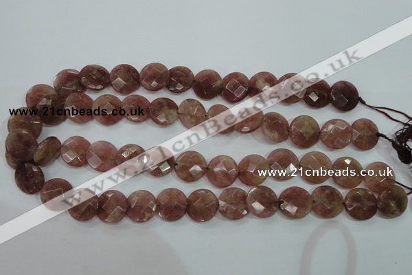 CBQ243 15.5 inches 14mm faceted coin strawberry quartz beads