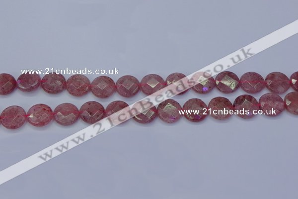 CBQ460 15.5 inches 12mm faceted coin strawberry quartz beads