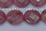 CBQ461 15.5 inches 14mm faceted coin strawberry quartz beads