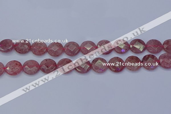 CBQ461 15.5 inches 14mm faceted coin strawberry quartz beads