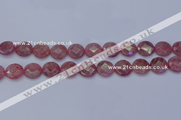 CBQ461 15.5 inches 14mm faceted coin strawberry quartz beads