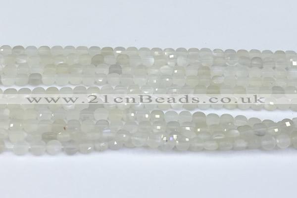 CCB1131 15 inches 4mm faceted coin white moonstone beads