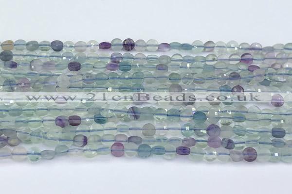 CCB1135 15 inches 4mm faceted coin fluorite beads