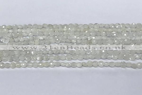 CCB1366 15 inches 4mm faceted coin white moonstone beads
