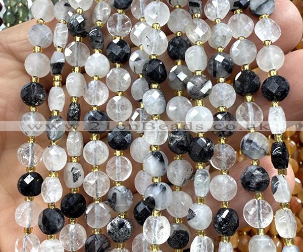 CCB1707 15 inches 6mm faceted coin black rutilated quartz beads