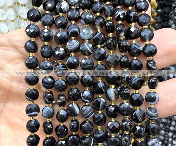 CCB1736 15 inches 6mm faceted coin black banded agate beads