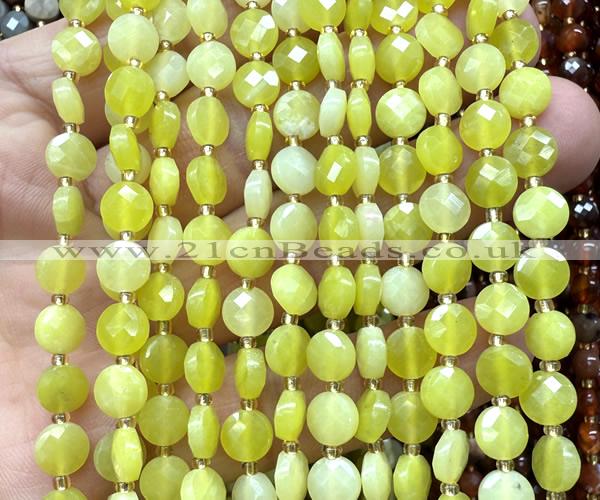 CCB1770 15 inches 6mm faceted coin lemon jade beads
