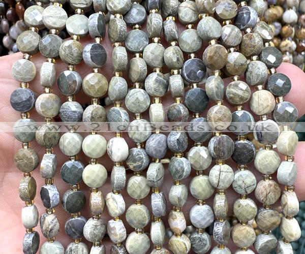 CCB1791 15 inches 6mm faceted coin silver leaf jasper beads