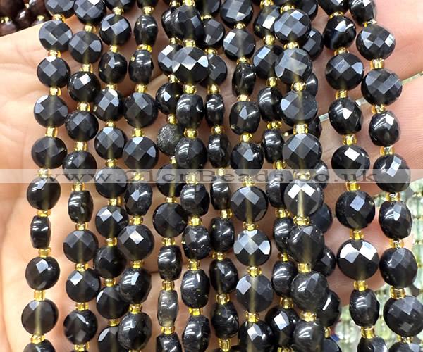 CCB1825 15 inches 6mm faceted coin black obsidian beads