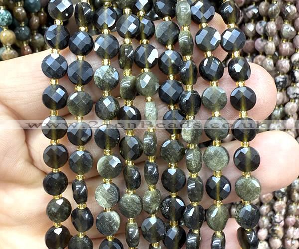 CCB1827 15 inches 6mm faceted coin golden obsidian beads