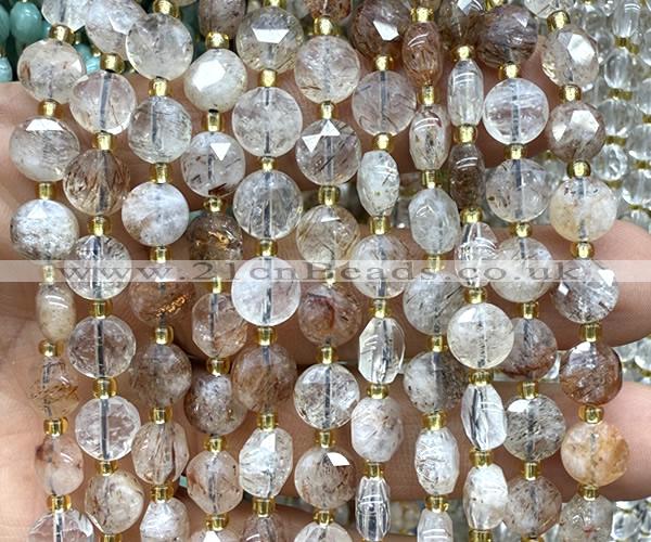 CCB1910 15 inches 8mm faceted coin black gold rutilated quartz beads