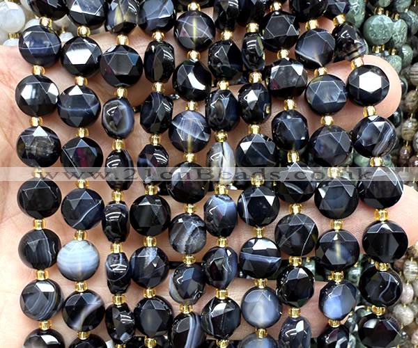 CCB2128 15 inches 10mm faceted coin black banded agate beads