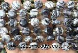 CCB2162 15 inches 10mm faceted coin black water jasper beads