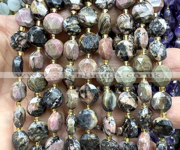 CCB2172 15 inches 10mm faceted coin rhodonite gemstone beads