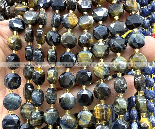 CCB2199 15 inches 10mm faceted coin yellow & blue tiger eye beads