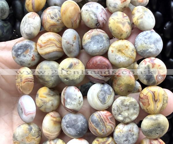 CCB2266 15 inches 15mm flat round matte yellow crazy lace agate beads
