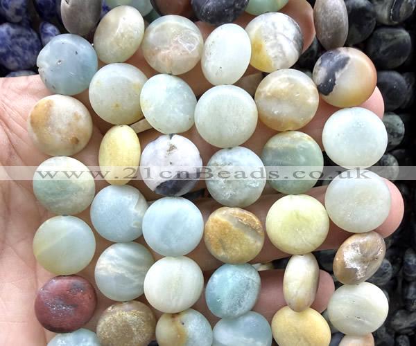 CCB2272 15 inches 15mm flat round matte colorful amazonite beads