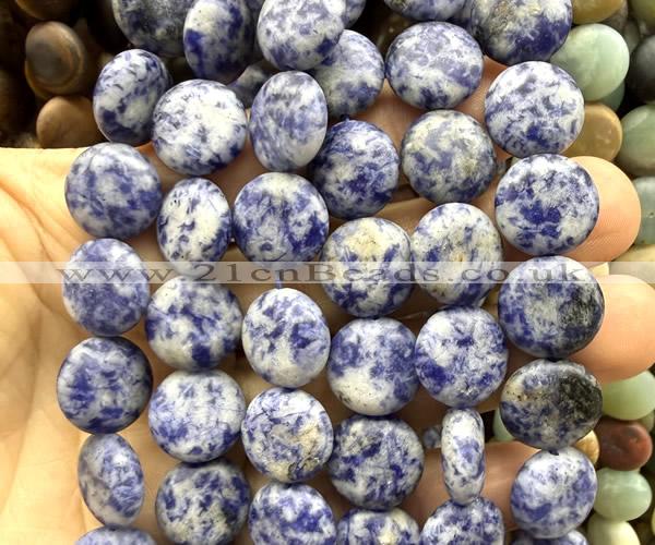 CCB2274 15 inches 15mm flat round matte blue spot stone beads