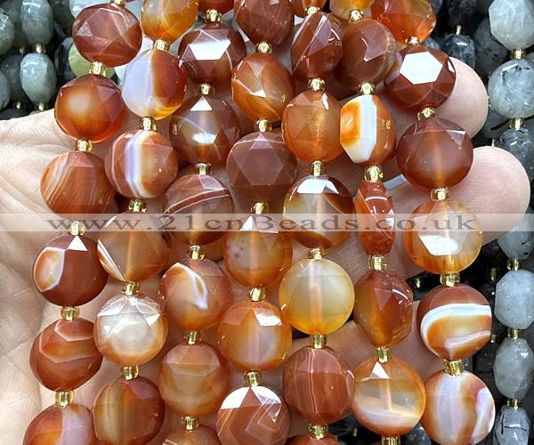 CCB2321 15 inches 12mm faceted coin red banded agate beads