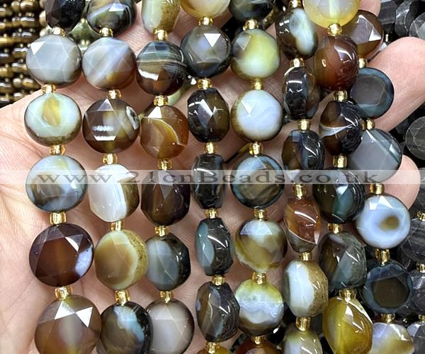 CCB2323 15 inches 12mm faceted coin brown banded agate beads