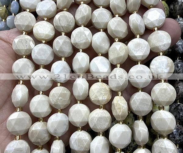 CCB2335 15 inches 12mm faceted coin white fossil jasper beads