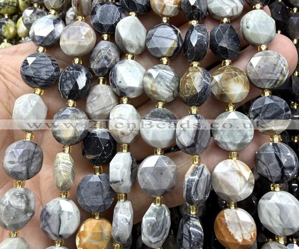 CCB2340 15 inches 12mm faceted coin black picasso jasper beads