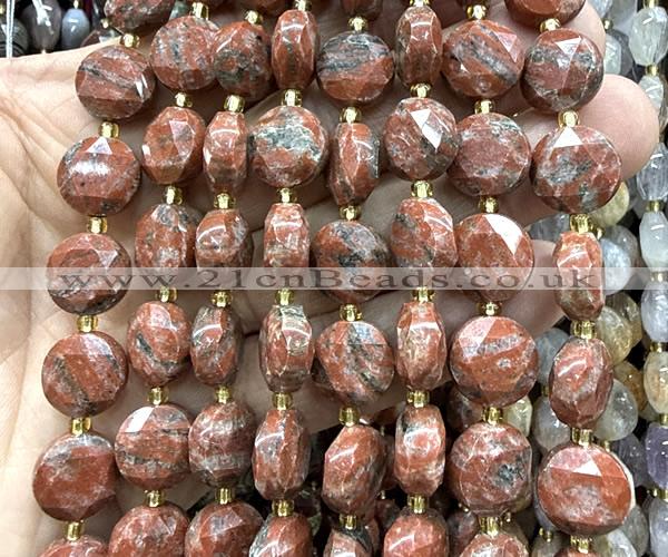 CCB2348 15 inches 12mm faceted coin red sesame jasper beads