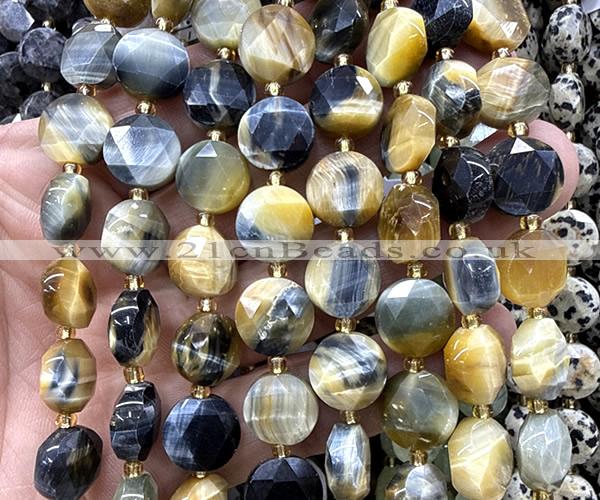 CCB2363 15 inches 12mm faceted coin golden & blue tiger eye beads