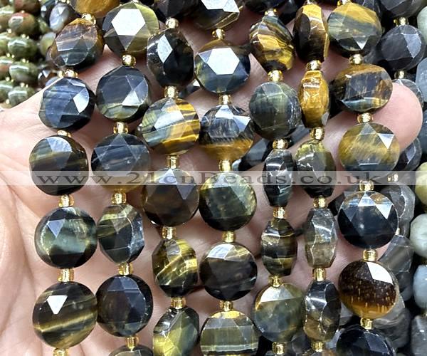 CCB2364 15 inches 12mm faceted coin yellow & blue tiger eye beads