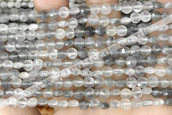 CCB533 15.5 inches 4mm faceted coin cloudy quartz beads