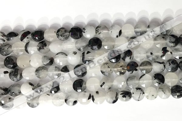 CCB758 15.5 inches 8mm faceted coin black rutilated quartz beads