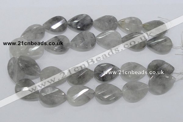 CCQ173 22*30mm twisted & faceted flat teardrop cloudy quartz beads