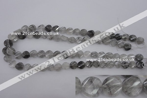 CCQ271 15.5 inches 10mm faceted & twisted coin cloudy quartz beads