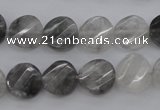 CCQ272 15.5 inches 12mm faceted & twisted coin cloudy quartz beads